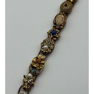 Vintage Goldette Slide Bracelet Victorian Revival Cameo Rhinestone Gold Tone